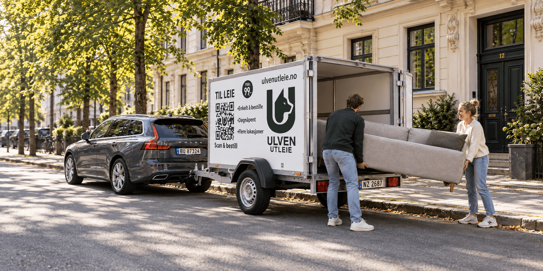 Lei en skaphenger hos Ulven Utleie. Perfekt til flytting, varetransport og lagring. Enkel booking og selvbetjening med kode.